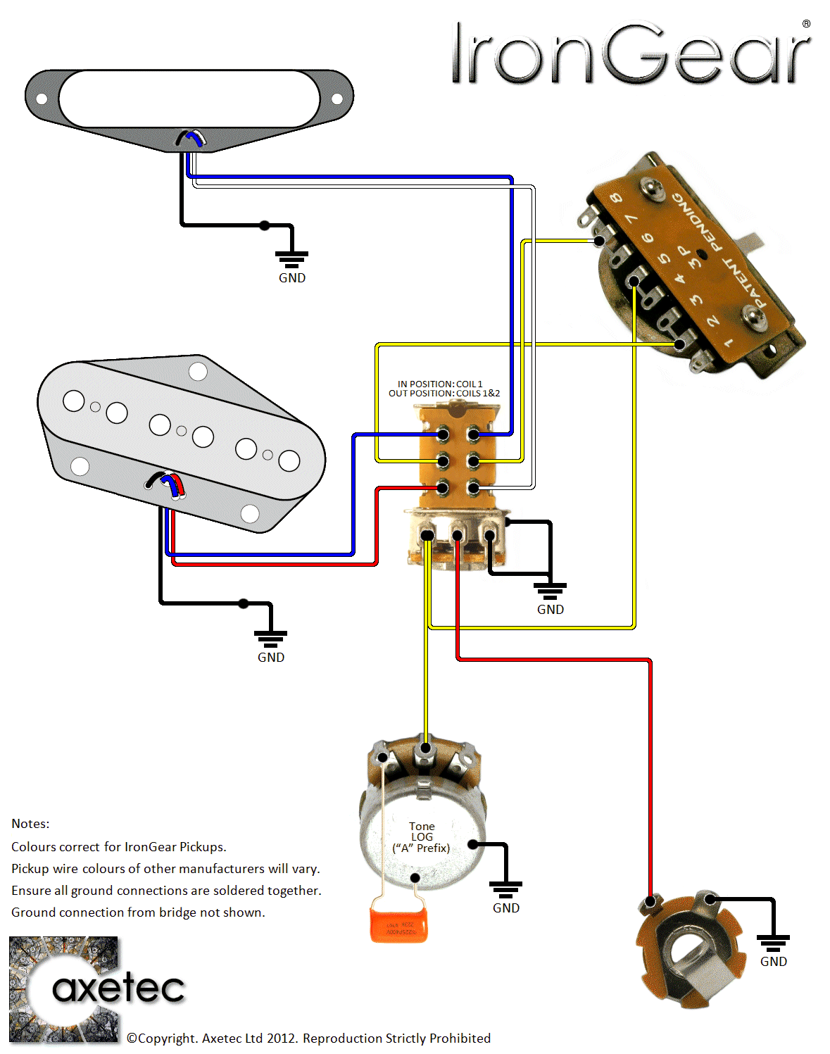 Wiring Diagram For 2 Humbucker Guitar With 3 Way Switch 2 Volume And 2 Tone Pots from www.axetec.co.uk